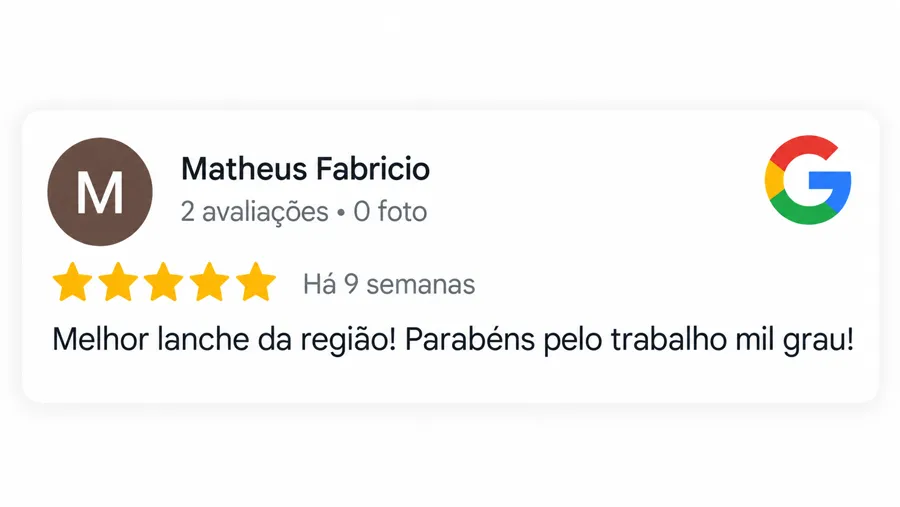 Avaliação do Google de Matheus Fabricio: “Melhor lanche da região! Parabéns pelo trabalho mil grau!”