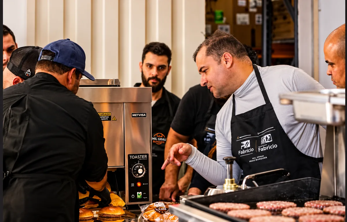 Equipe da Mil Grau Burguer preparando hambúrgueres na chapa